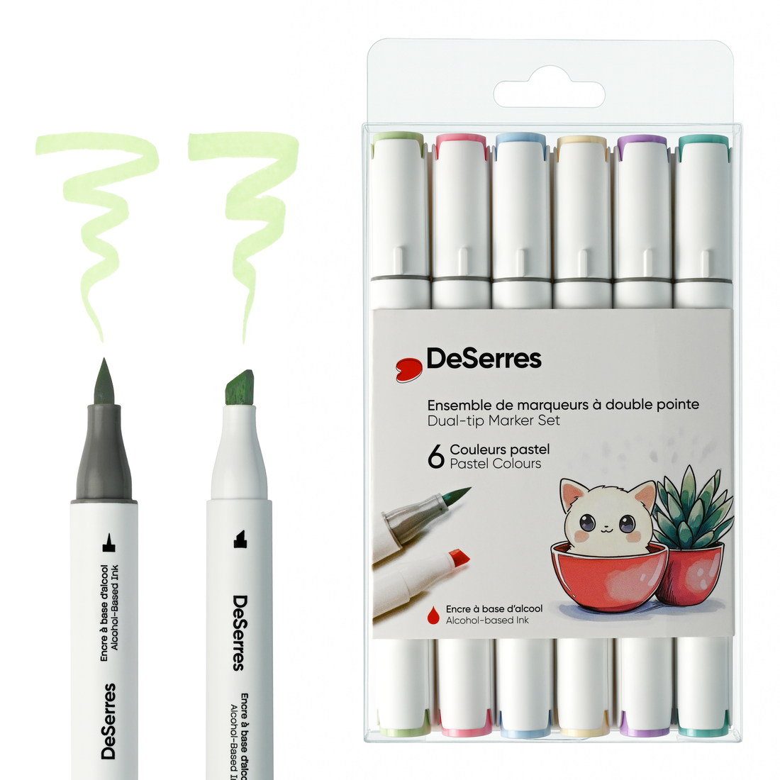 ENSEMBLE MARQUEURS ALCOOL DOUBLE POINTE COULEURS PASTELS - 6 PIÈCES