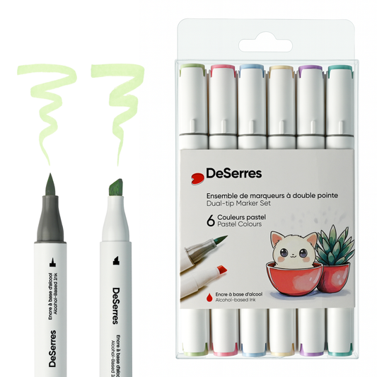 ENSEMBLE MARQUEURS ALCOOL DOUBLE POINTE COULEURS PASTELS - 6 PIÈCES