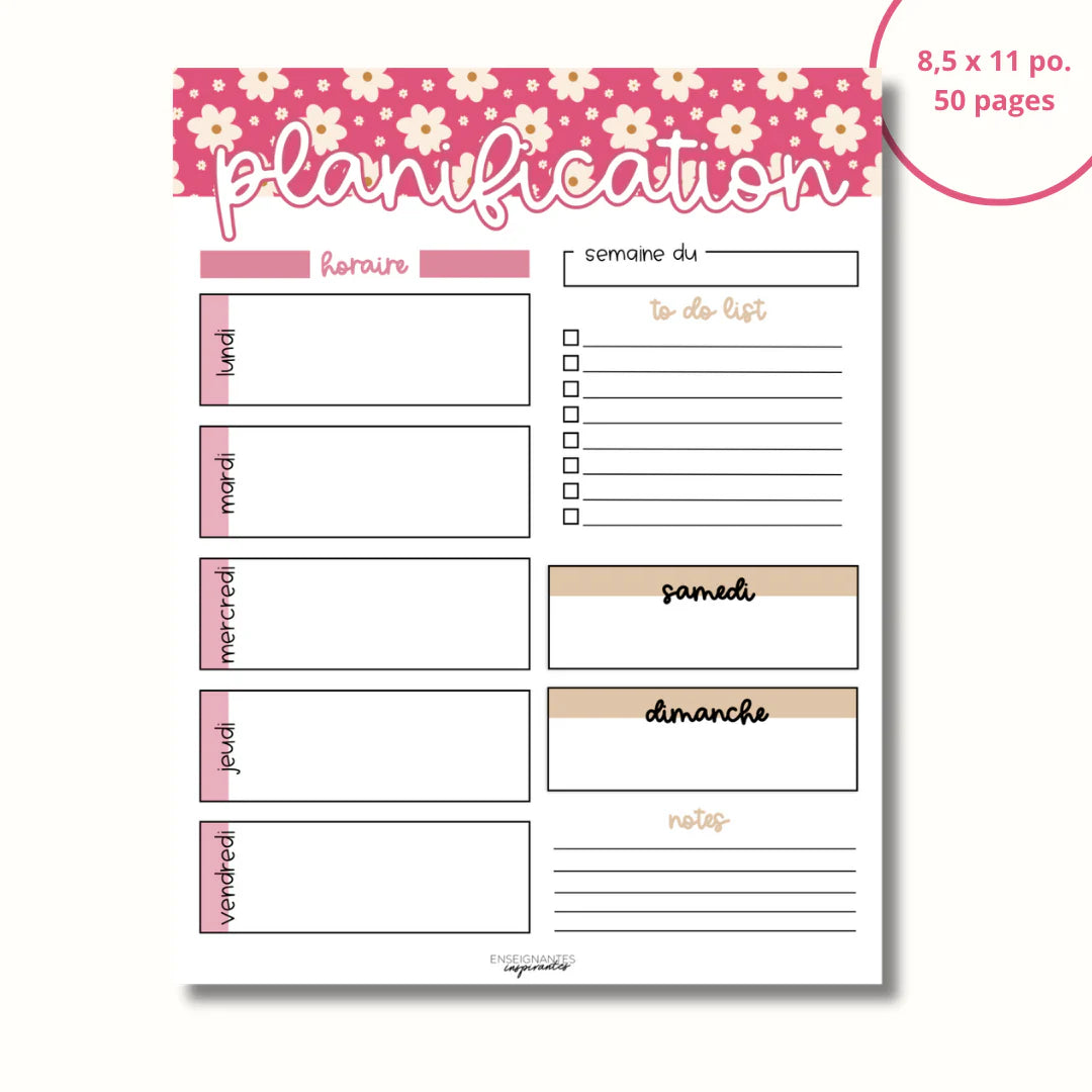 Bloc-note de planification hebdomadaire – Marguerites fuchsias