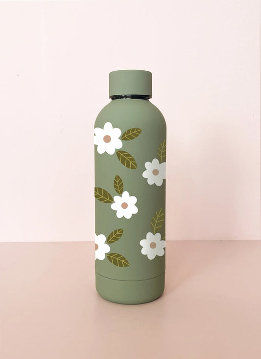 Bouteille en acier inox 17oz - sauge Fleurs maxi blanches